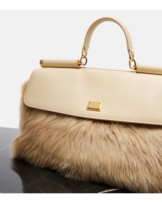 Dolce & Gabbana Natural Sicily Large Leather And Shearling Top-Handle Bag