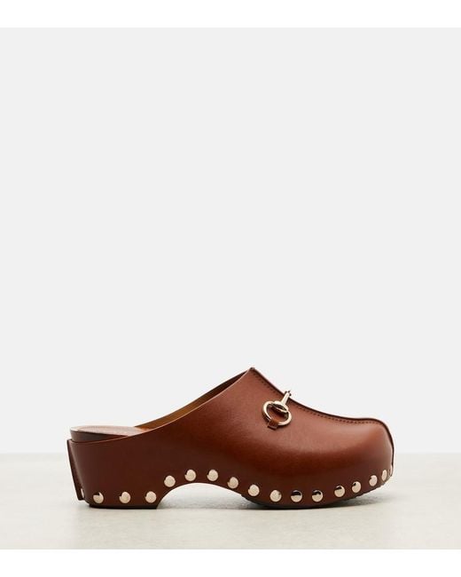 Gucci Brown Horsebit Studded Leather Platform Clogs