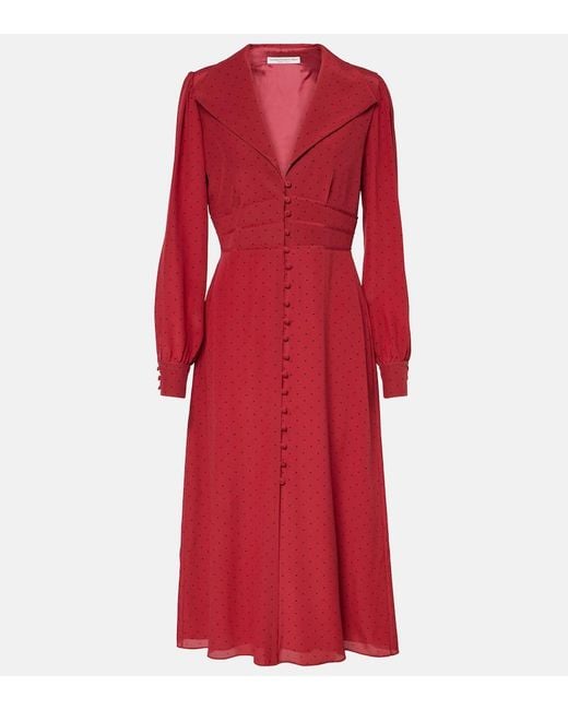 Alessandra Rich Red Polka-Dot Silk Midi Dress