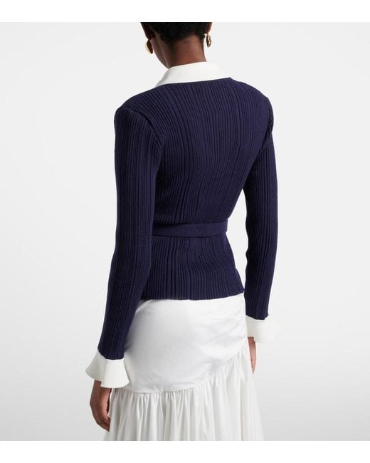Self-Portrait Blue Belted Ribbed-Knit Cardigan