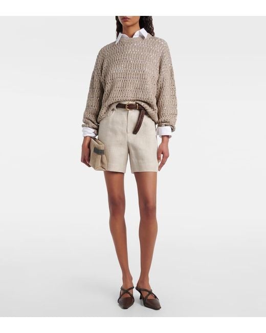 Brunello Cucinelli Brown Sequined Linen-Blend Sweater