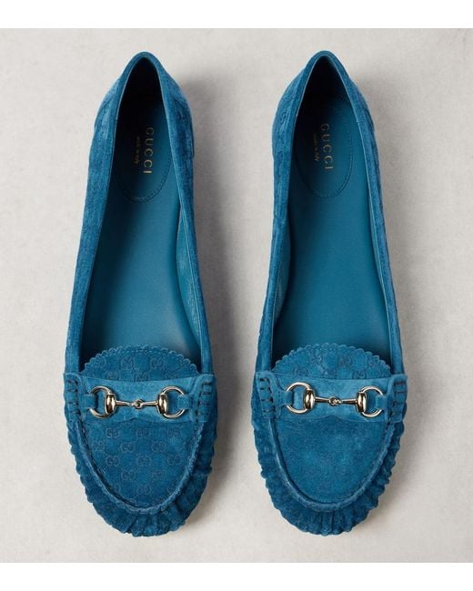 靴 GUCCI GG suede flat shoes Gucci Horsebit Gg Suede Ballet Flats in Blue | Lyst