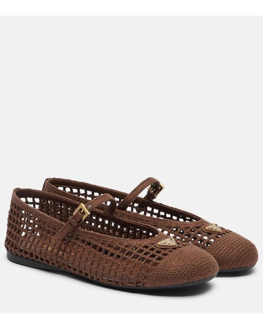 Prada Crochet Mary Jane Flats in Brown | Lyst UK