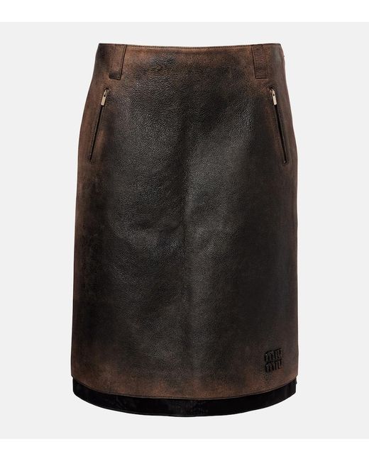 Miu Miu Black Suede-Trimmed Leather Midi Skirt