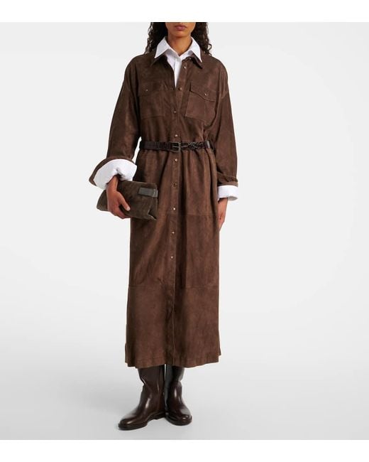 Vestido Camisero De Ante Con Cuentas Monili Brunello Cucinelli de color Brown