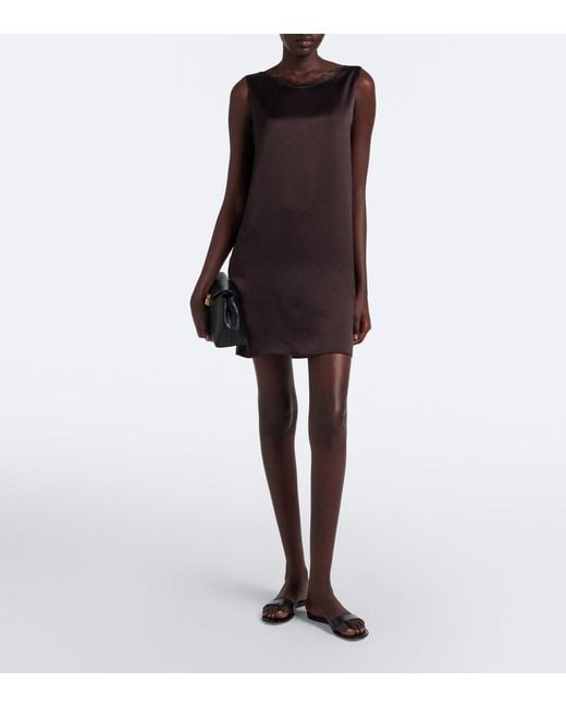 Leset Brown Barb Lace-Trimmed Satin Minidress