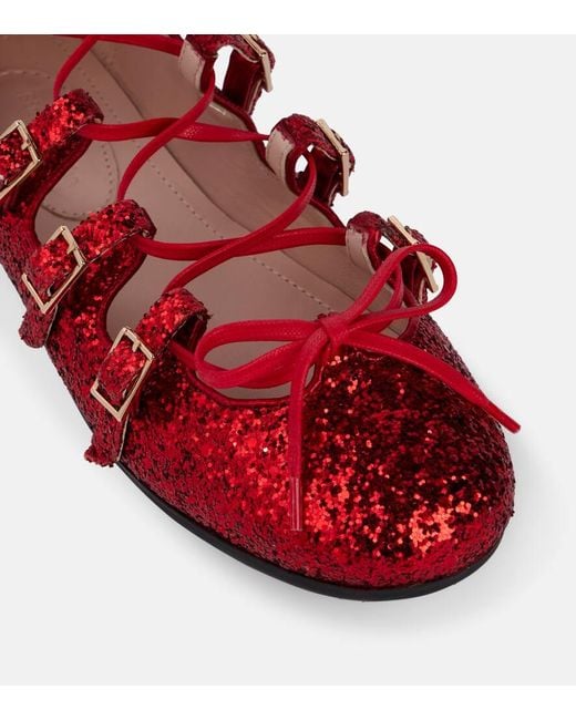 Simone Rocha Red Ghillie Glitter Ballet Flats
