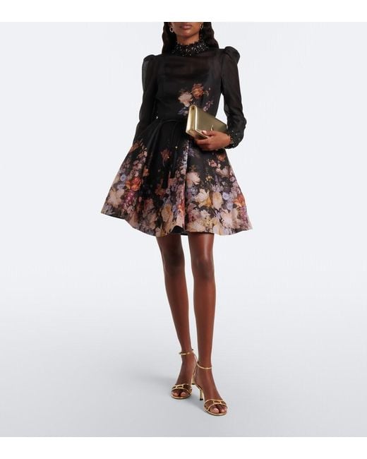 Zimmermann Black Valiant Floral Linen And Silk Minidress