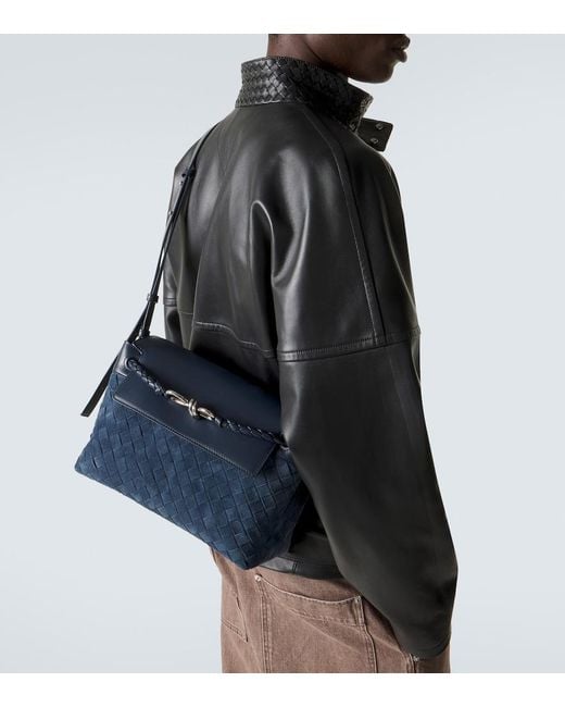 Bottega Veneta Blue Andiamo Intrecciato Small Suede Messenger Bag for men