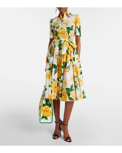 Dolce & Gabbana Yellow Floral Cotton Poplin Shirt Dress