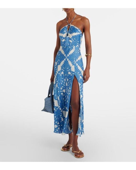 Poupette Blue Stella Printed Satin Maxi Dress