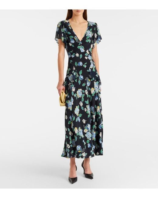 Rixo Black Kimmie Floral Ruffled Silk Midi Dress