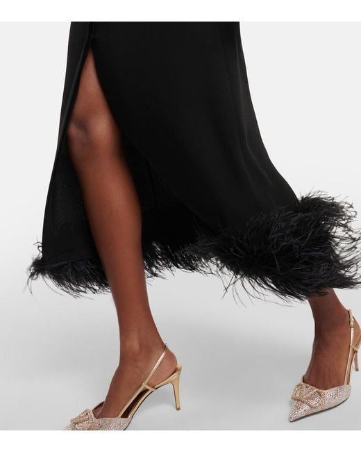 Valentino Black Feather-Trimmed Silk Midi Dress