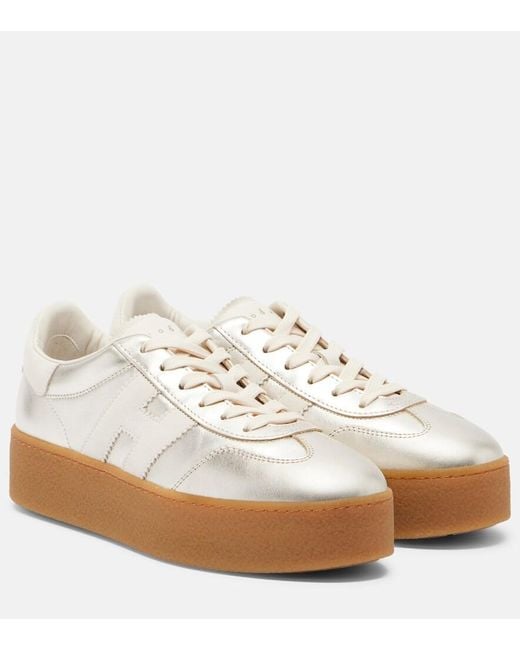 Hogan White H698 Metallic Leather Platform Sneakers