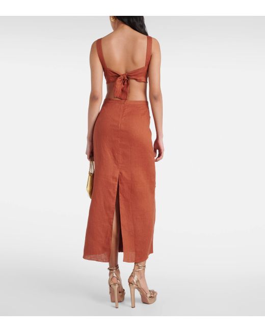 Johanna Ortiz Red Fringed Cutout Linen Midi Dress