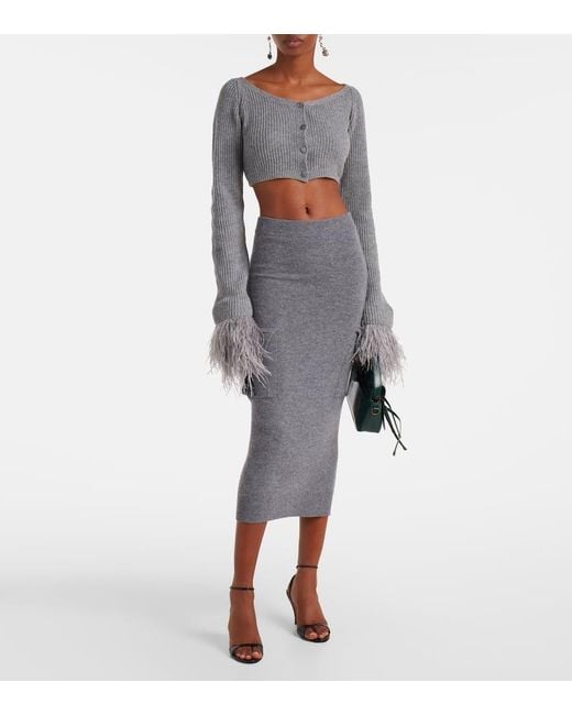 Blumarine Gray Cropped Ribbed-Knit Wool Cardigan