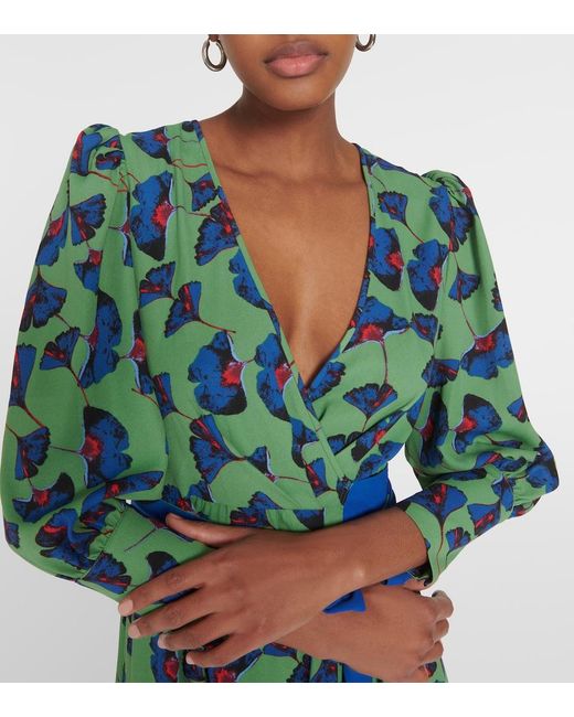 Diane von Furstenberg Green Blade Printed Crepe Wrap Dress