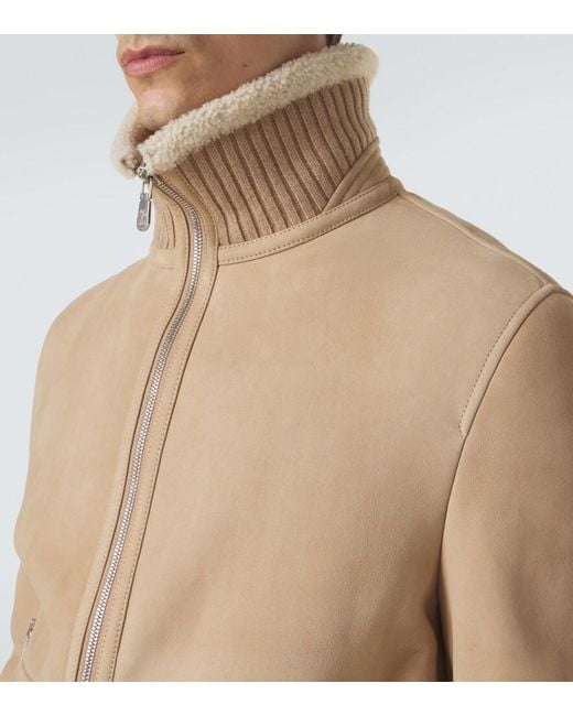 Brunello Cucinelli Natural Shearling-Lined Suede Bomber Jacket for men