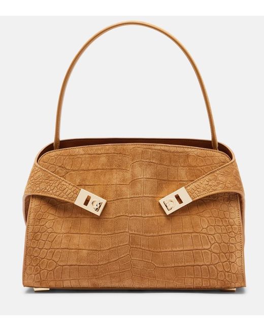 Ferragamo Brown Hug Medium Croc-Effect Suede Shoulder Bag