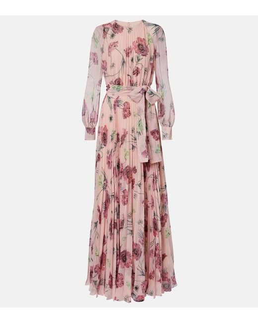 Erdem Red Floral Pleated Voile Gown