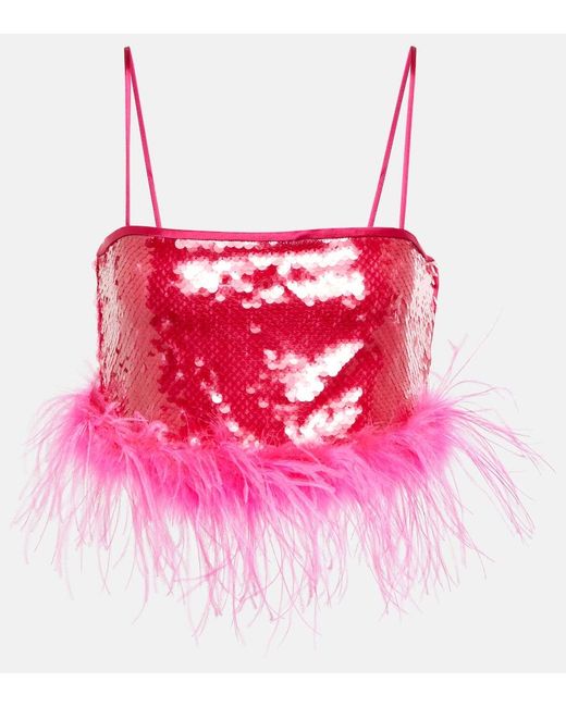 GIUSEPPE DI MORABITO Pink Sequined Feather-trimmed Crop Top