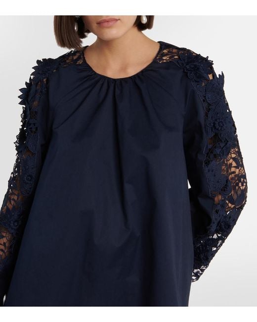 Oscar de la Renta Blue Lace-Detail Cotton Blouse