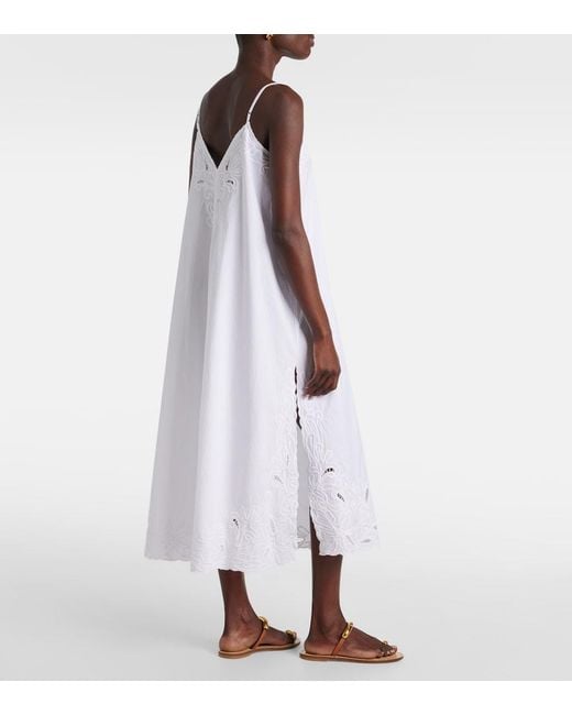 Juliet Dunn White Embroidered Cotton Poplin Midi Dress