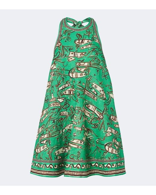 ALÉMAIS Green Fish Sticks Printed Linen Minidress
