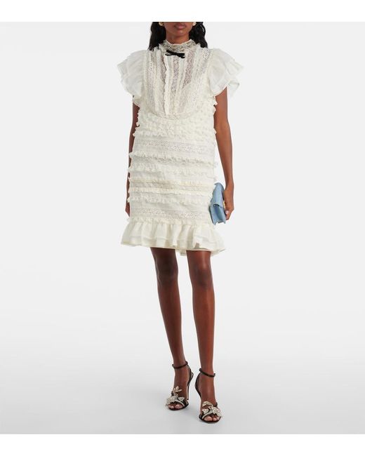 Valentino White Ruffled Lace And Linen Minidress