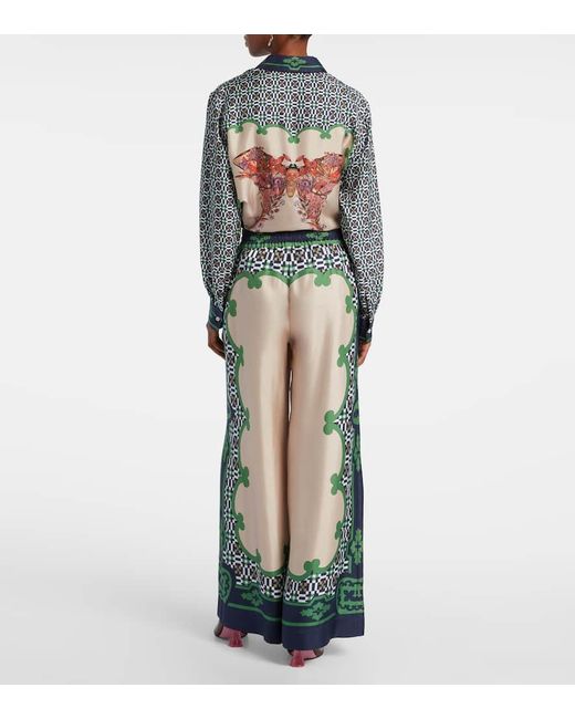 LaDoubleJ Green Printed Silk Twill Palazzo Pants