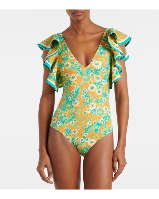 ALÉMAIS Blue Cristina Ruffled Printed Swimsuit