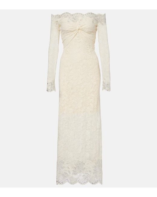 Rabanne Natural Bridal Embellished Off-Shoulder Lace Midi Dress