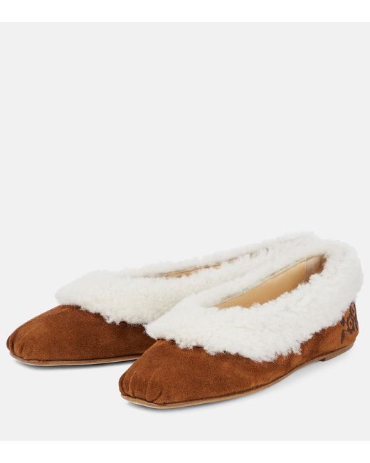 Magda Butrym Brown Embroidered Shearling Ballet Flats
