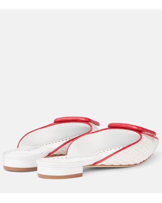 Manolo Blahnik Pink Maysale Leather-Trimmed Raffia Mules