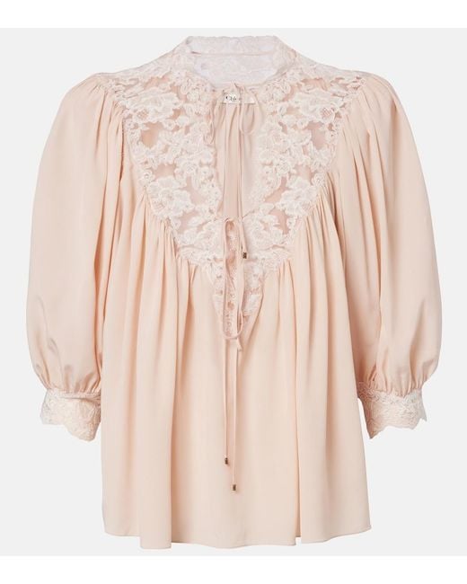 Chloé Natural Lace-Trimmed Silk Crepe De Chine Blouse