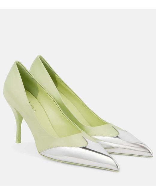 Prada Green 85 Satin And Metallic Leather Pumps