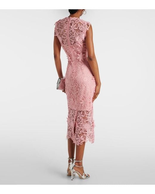 Monique Lhuillier Pink Floral Lace Guipure Midi Dress