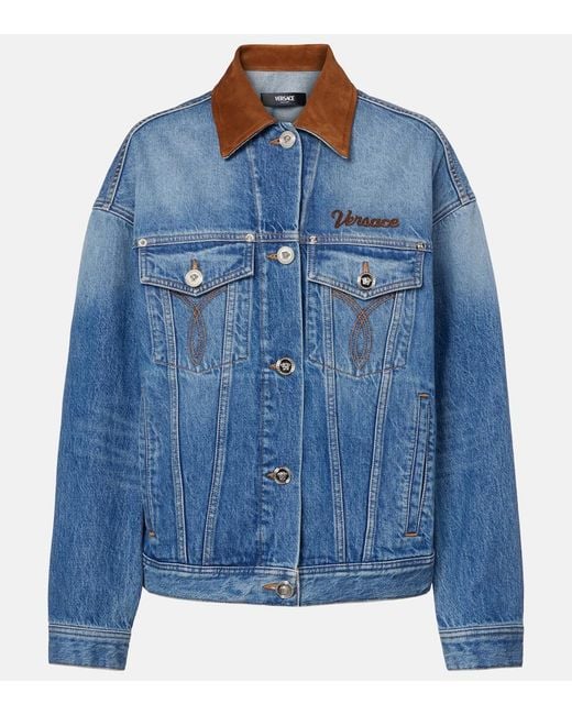 Versace Blue Trucker Suede-Trimmed Denim Jacket