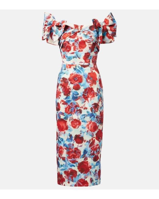 Rebecca Vallance Red Fleurette Floral Taffeta Midi Dress