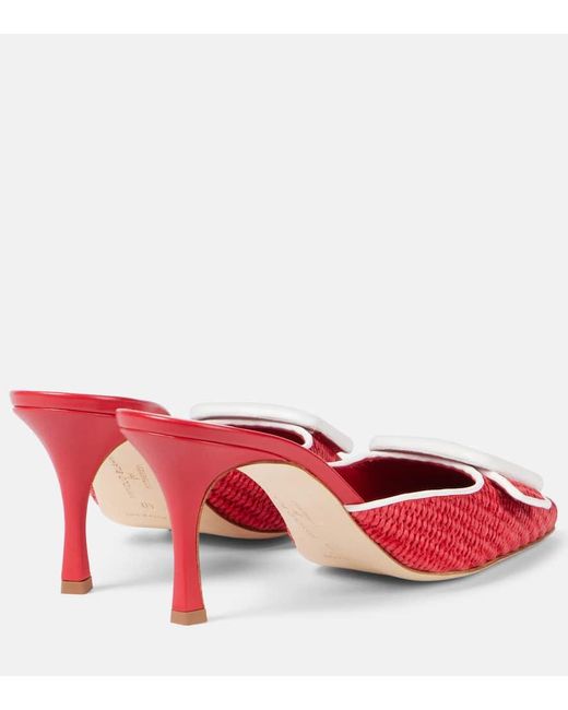 Manolo Blahnik Red Maysale 70 Leather-Trimmed Raffia Mules