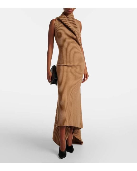 Victoria Beckham Brown Draped Ribbed-Knit Wool-Blend Midi Dress