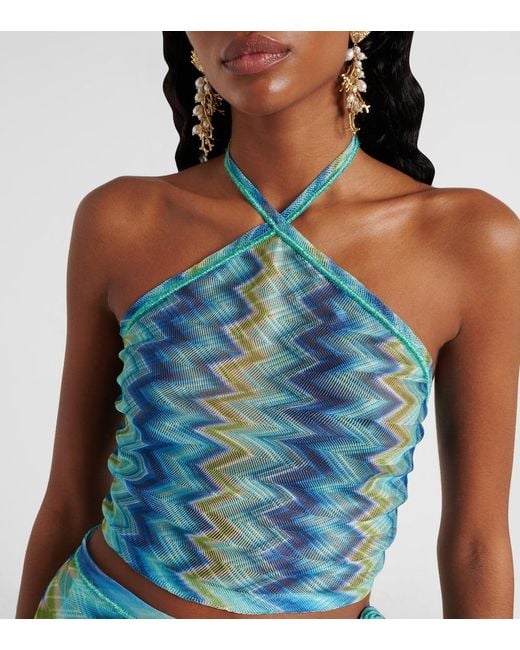 Missoni Blue Zigzag Sheer Halterneck Top