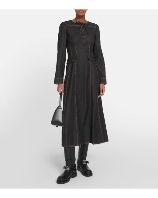 Dorothee Schumacher Black Denim Romance Cotton And Wool Midi Dress