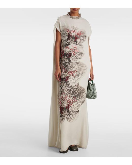 Dries Van Noten Natural Beaded Printed Silk Georgette Gown