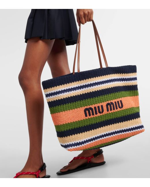 Miu Miu Black Logo Embroidered Striped Tote Bag