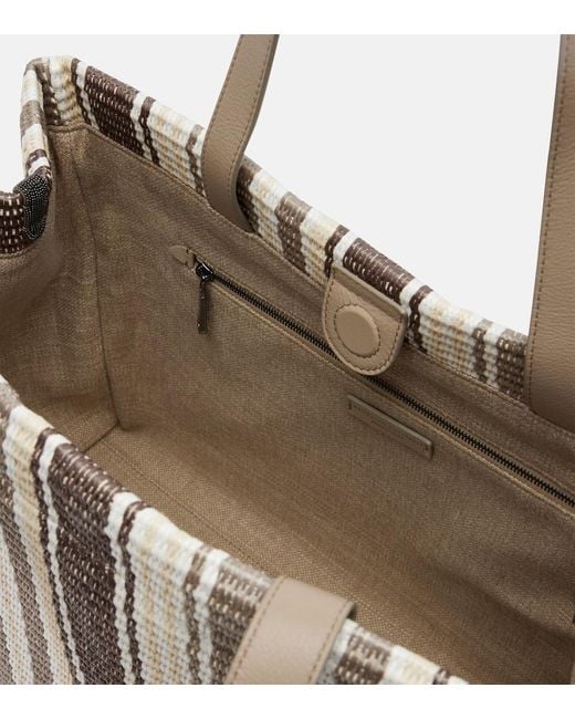 Brunello Cucinelli Metallic Monili Medium Striped Raffia Tote Bag