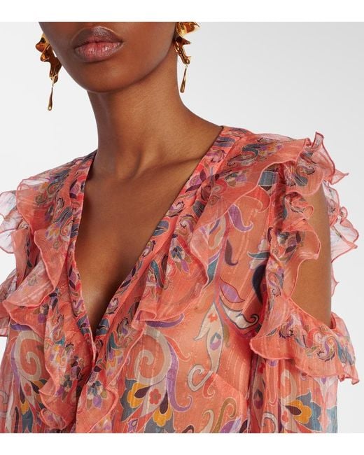 Etro Pink Printed Ruffled Silk Blouse
