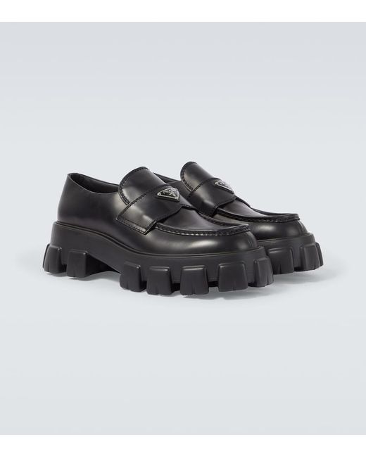 Prada Black Logo Leather Platform Loafers for men