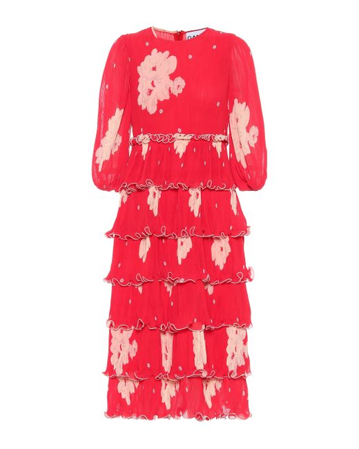 Ganni Red Floral Pleat Georgette Midi Dress