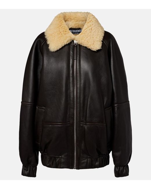 Jacquemus Black Bombardier Shearling-Trimmed Leather Bomber Jacket